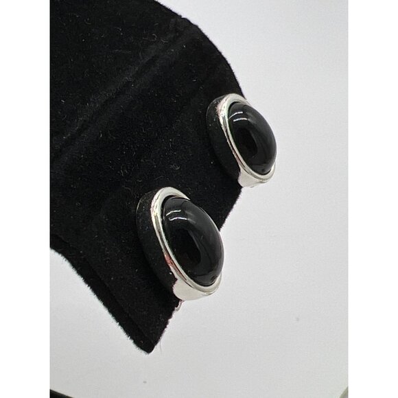 Vintage Black Cabochon Silver-Tone Clip-On Earrings - Picture 3 of 6